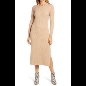 WAYF X Bff Hollie Long Sleeve ribbed Sweater Dress In Camel